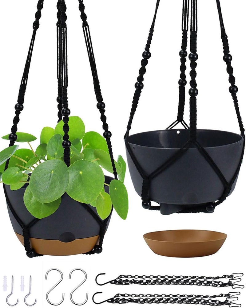 Koalaime 2 Pack Hanging Planters Set,10 Inch Indoor Outdoor Hanging Plant Pot Basket,Hanging Flower Pot with Drainage Hole with 3 Hooks for Garden Home… (Black Hanger Black Planters) - Image 1